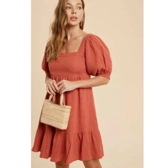 SOLD OUT Burnt Coral Gauze Boho Ruffle Babydoll Dress - Picture 2 of 7